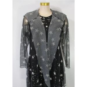 Vine Street Black and White Star Long Sleeve Mesh Hoodie Cover Up, Size S